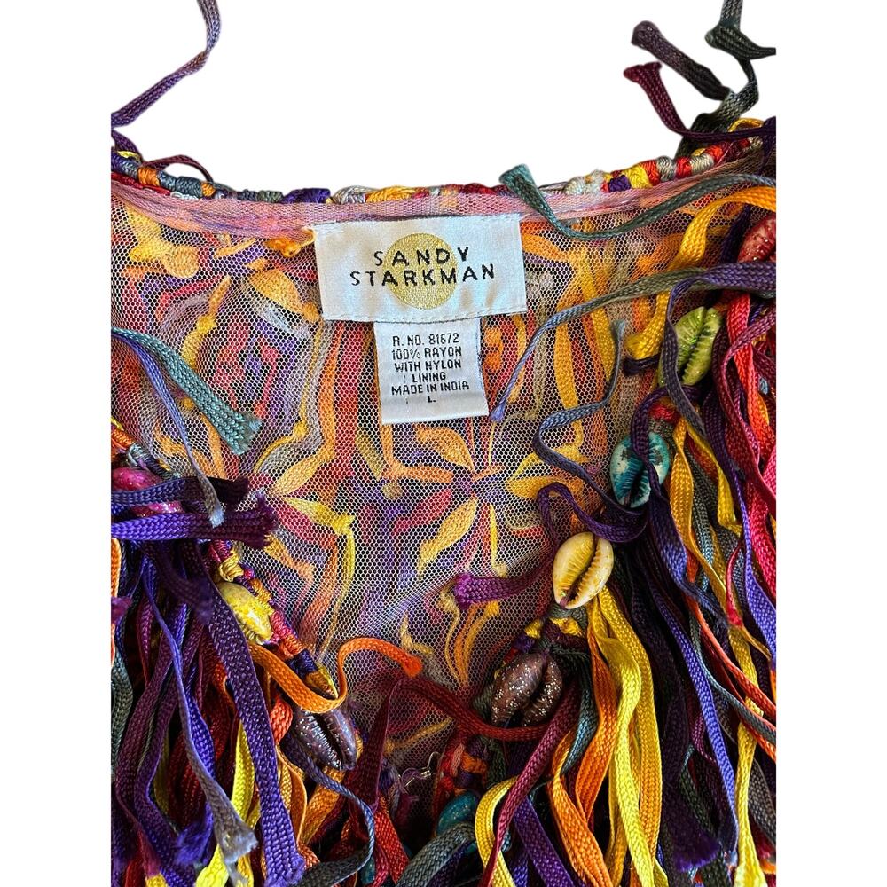 Sandy Starkman Fringe Ribbon Jacket Top Cowrie Shell Boho Festival Artwear L - Picture 7 of 9